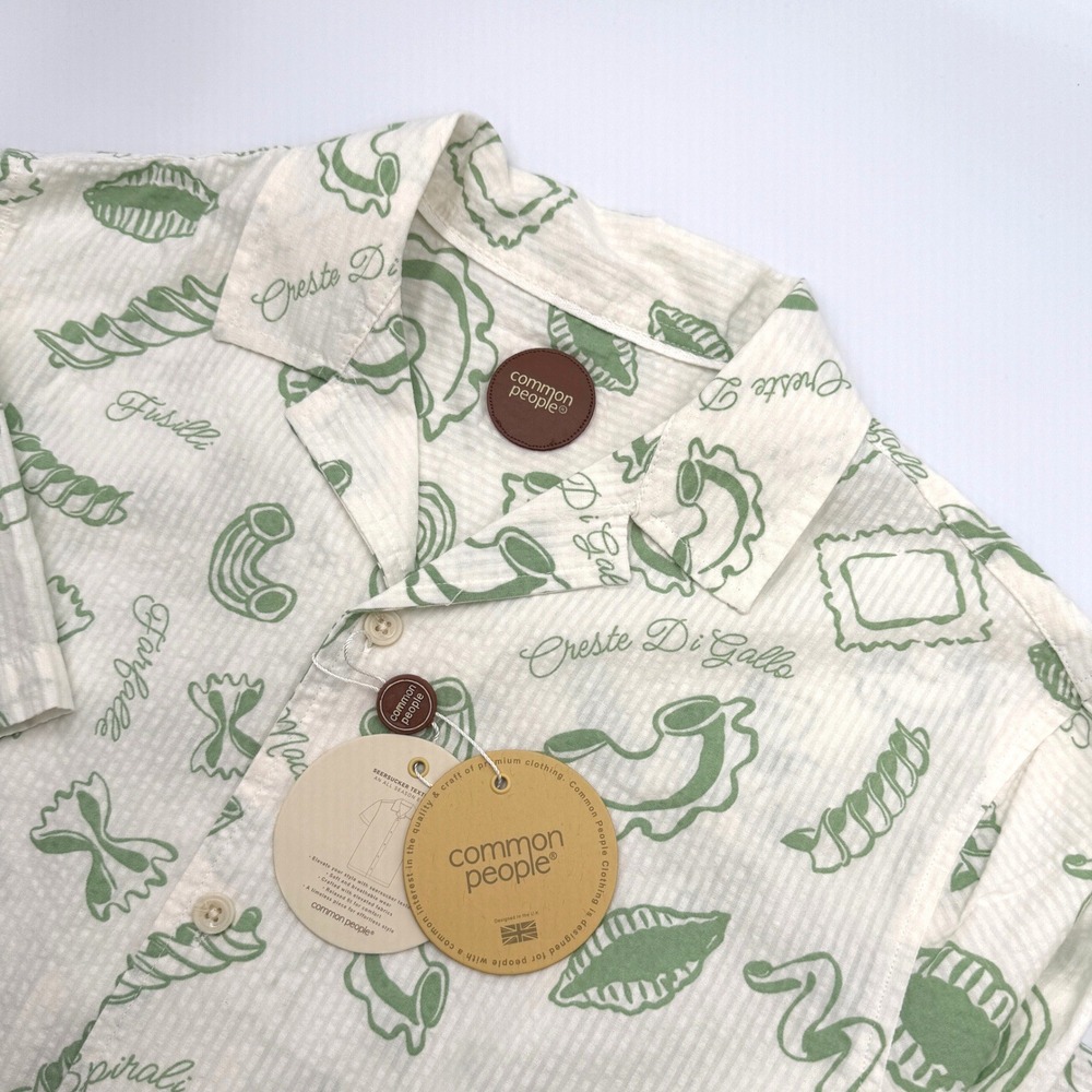 Common People Italiano Printed Seersucker Shirt Green Pasta Print Mens Small NEW